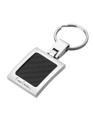 key ring featuring a carbon-texture inlay and polished metal frame